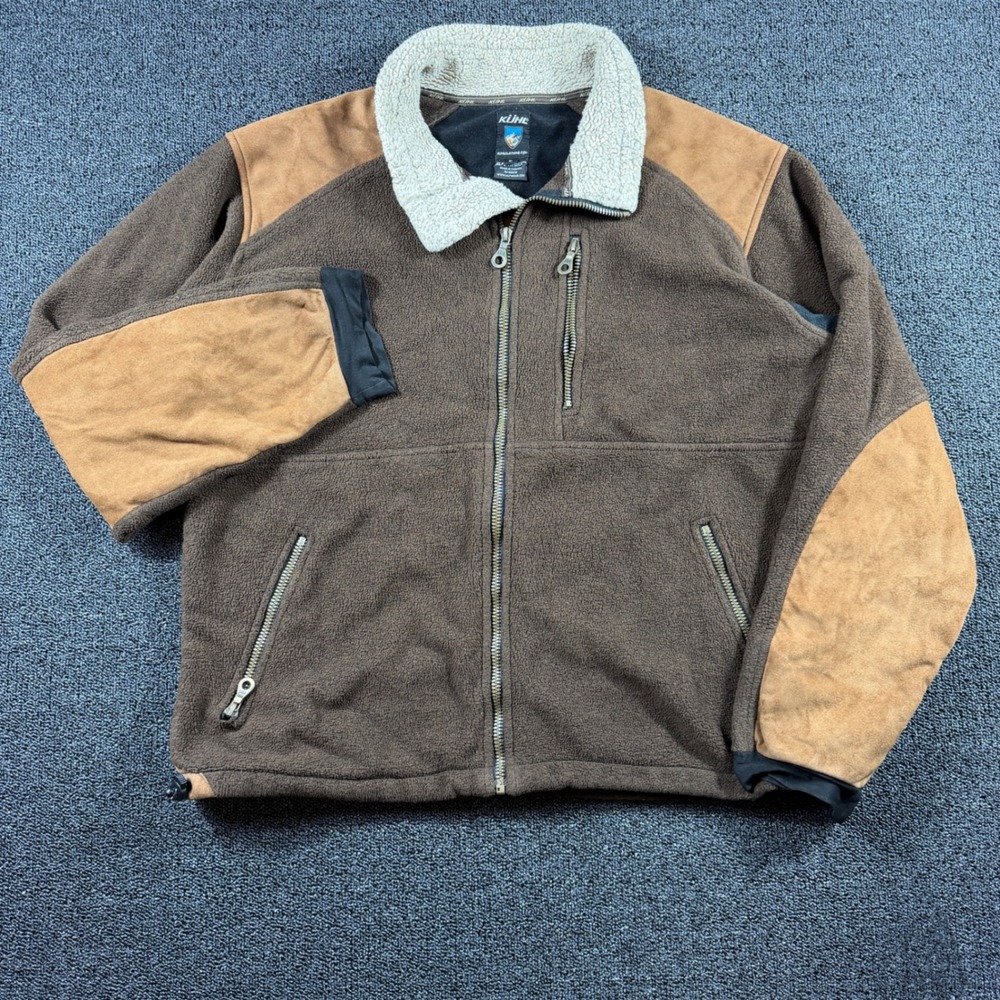 Kuhl Alfpaca Fleece Jacket Men's L Brown Full Zip Sherpa Collar Suede Hiking